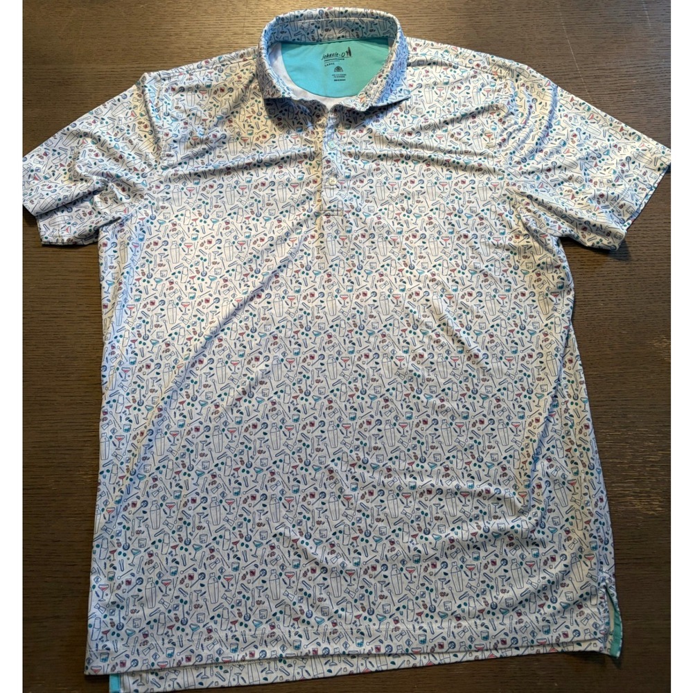 Johnnie-O Mens Performance Polo Shirt Large White Cocktail Barware Print UPF 50